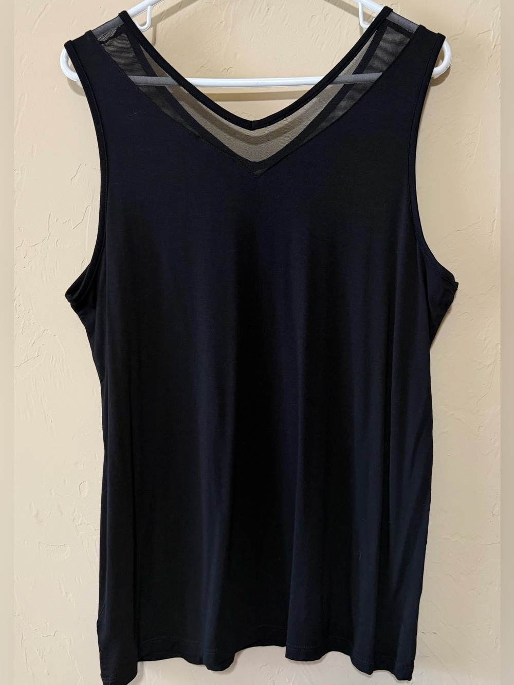 Tahari Black Sleeveless V-Neck Tank with Sheer Mesh Trim